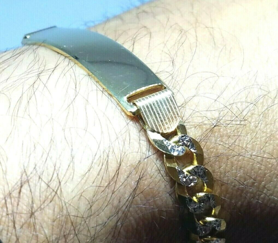 Pre-owned Handmade Gold Solid Mens Id Bracelet 14k Cuban Link Real Diamond Cut 20g 8mm 8.75” In Yellow Gold With White Diamond Cuts