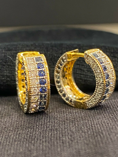 Pre-owned Jisha 1.90 Tcw Round Brilliant Cut Diamonds Unisex Sapphire Hoop Earrings In 18k Gold In Yellow