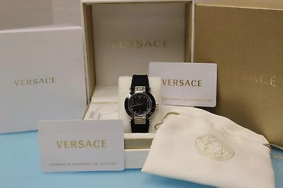 Pre-owned Versace Women's 92qcs91d008 S009 Reve Black Ceramic Diamond Rubber Wristwatch