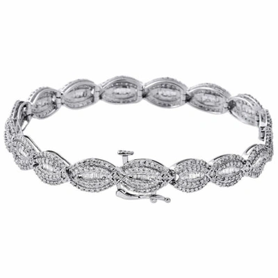Pre-owned Jfl Diamonds & Timepieces 10k White Gold Round & Baguette Cut Diamond Bracelet 7" Oval Shape Link 3 Ct.