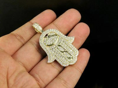 Pre-owned Jewelry Unlimited Men's 14k Yellow Gold Iced Hamsa Hand Genuine Diamond Pendant Charm 4 1/2 Ct 2"