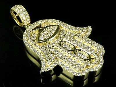 Pre-owned Jewelry Unlimited Men's 14k Yellow Gold Iced Hamsa Hand Genuine Diamond Pendant Charm 4 1/2 Ct 2"