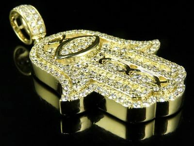 Pre-owned Jewelry Unlimited Men's 14k Yellow Gold Iced Hamsa Hand Genuine Diamond Pendant Charm 4 1/2 Ct 2"