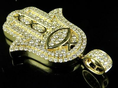 Pre-owned Jewelry Unlimited Men's 14k Yellow Gold Iced Hamsa Hand Genuine Diamond Pendant Charm 4 1/2 Ct 2"