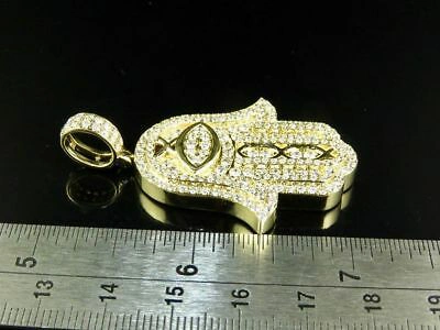 Pre-owned Jewelry Unlimited Men's 14k Yellow Gold Iced Hamsa Hand Genuine Diamond Pendant Charm 4 1/2 Ct 2"
