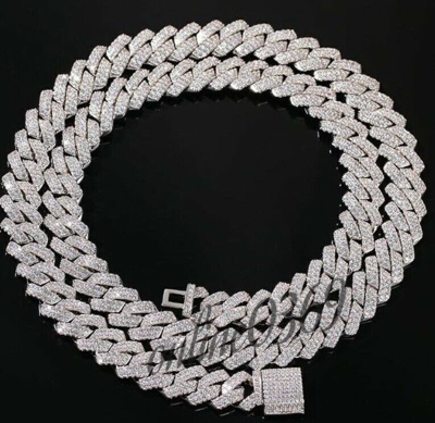 Pre-owned Online0369 Men's 9 Ct Genuine Moissanite 14 X 20" Necklace 14k White Gold Plated Silver