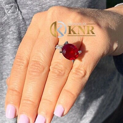 Pre-owned Ruby 14k White Gold Oval Cut  And Natural Round Cut Diamond Ring Engagement 12.65 In Red