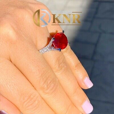 Pre-owned Ruby 14k White Gold Oval Cut  And Natural Round Cut Diamond Ring Engagement 12.65 In Red