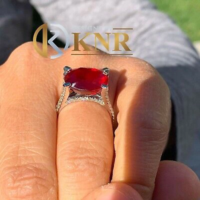 Pre-owned Ruby 14k White Gold Oval Cut  And Natural Round Cut Diamond Ring Engagement 12.65 In Red