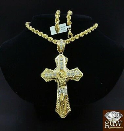 Pre-owned Globalwatches10 Real 10k Yellow Gold Mens Jesus Cross Charm/pendant With 26 Inch Long Rope Chain