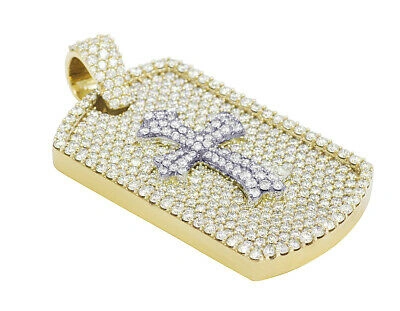 Pre-owned Jewelry Unlimited Mens Trefoil Cross Dog Tag 6 1/2ct Real Diamond Pendant 10k Yellow-white Gold 2" In G-h