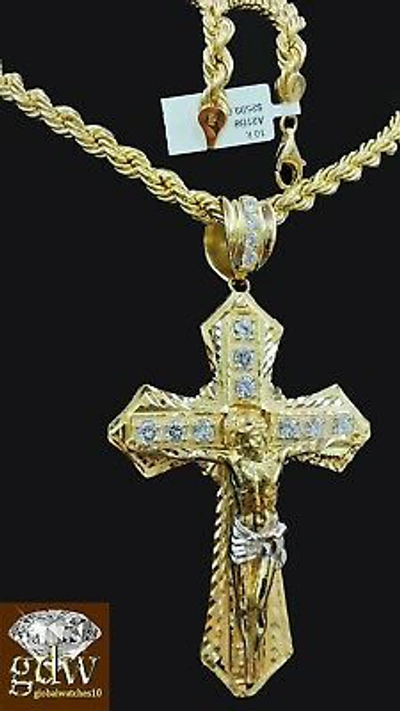 Pre-owned Globalwatches10 Real 10k Yellow Gold Mens Jesus Cross Charm/pendant With 26 Inch Long Rope Chain