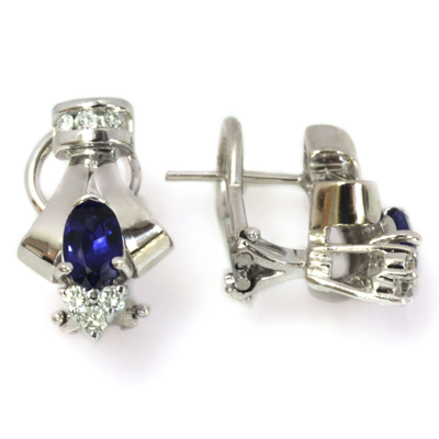 Pre-owned Jewelry By Arsa 1.2 Ctw Natural Blue Ceylon Sapphire Diamond 14k White Gold Omega Earrings 20 Mm In G-h