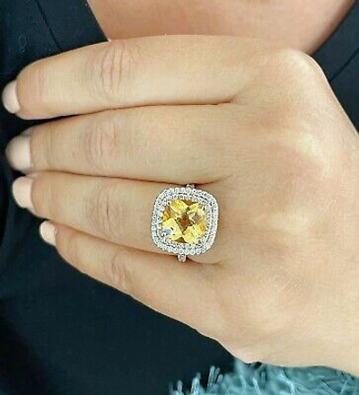 Pre-owned Split 14k Yellow Gold Cushion Yellow Citrine Round Cut Diamond Ring  Band 4.80ctw