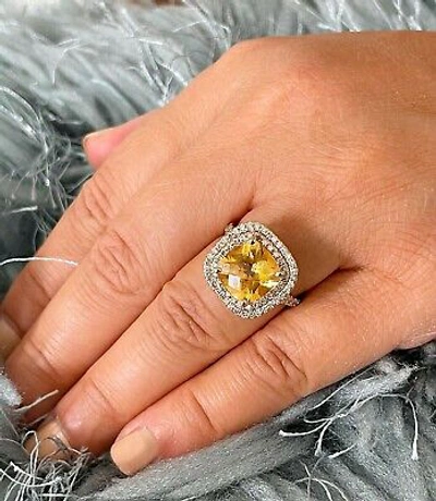 Pre-owned Split 14k Yellow Gold Cushion Yellow Citrine Round Cut Diamond Ring  Band 4.80ctw