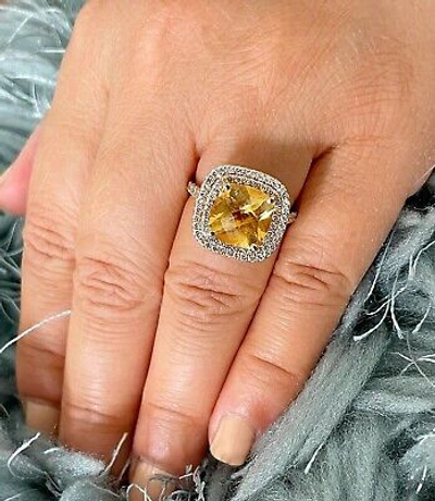 Pre-owned Split 14k Yellow Gold Cushion Yellow Citrine Round Cut Diamond Ring  Band 4.80ctw