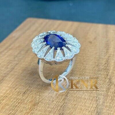 Pre-owned Knr Inc 14k White Gold Oval Cut Sapphire And Diamonds Engagement Ring Bridal Halo 2.00ct In Blue