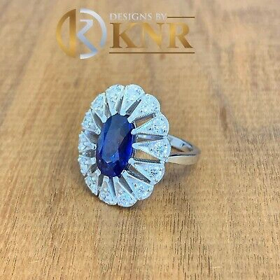 Pre-owned Knr Inc 14k White Gold Oval Cut Sapphire And Diamonds Engagement Ring Bridal Halo 2.00ct In Blue