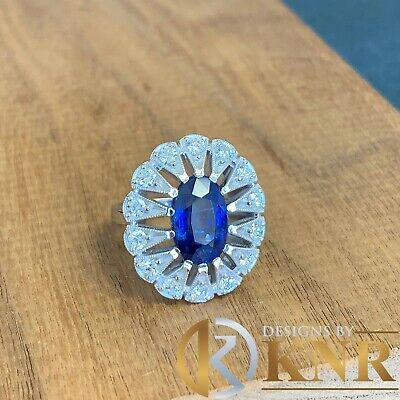 Pre-owned Knr Inc 14k White Gold Oval Cut Sapphire And Diamonds Engagement Ring Bridal Halo 2.00ct In Blue