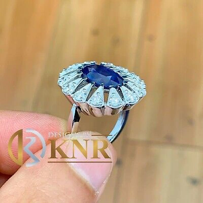 Pre-owned Knr Inc 14k White Gold Oval Cut Sapphire And Diamonds Engagement Ring Bridal Halo 2.00ct In Blue