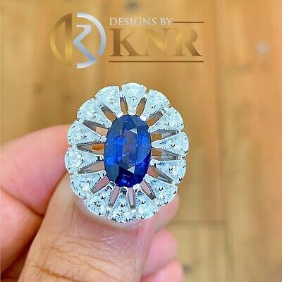 Pre-owned Knr Inc 14k White Gold Oval Cut Sapphire And Diamonds Engagement Ring Bridal Halo 2.00ct In Blue