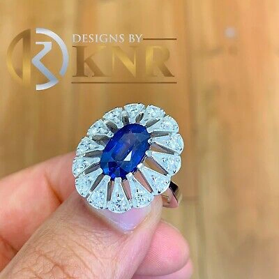 Pre-owned Knr Inc 14k White Gold Oval Cut Sapphire And Diamonds Engagement Ring Bridal Halo 2.00ct In Blue