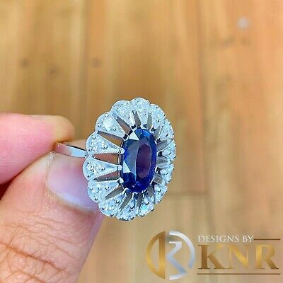 Pre-owned Knr Inc 14k White Gold Oval Cut Sapphire And Diamonds Engagement Ring Bridal Halo 2.00ct In Blue