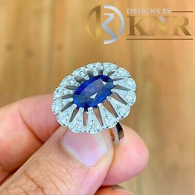 Pre-owned Knr Inc 14k White Gold Oval Cut Sapphire And Diamonds Engagement Ring Bridal Halo 2.00ct In Blue