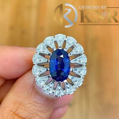 Pre-owned Knr Inc 14k White Gold Oval Cut Sapphire And Diamonds Engagement Ring Bridal Halo 2.00ct In Blue