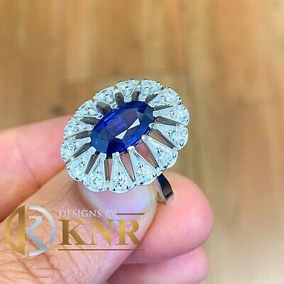Pre-owned Knr Inc 14k White Gold Oval Cut Sapphire And Diamonds Engagement Ring Bridal Halo 2.00ct In Blue