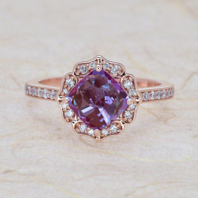 Pre-owned Patrick's Design 1.35ct Floral 6x6mm Alexandrite & Diamond Engagement Ring 14k Rose Gold Pd401 In Purple