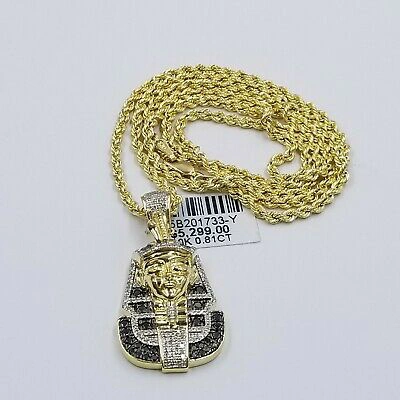 Pre-owned Globalwatches10 10k Yellow Gold Pharaoh Head Pendant Rope Chain 24" Black White Diamond In G-h