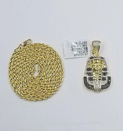 Pre-owned Globalwatches10 10k Yellow Gold Pharaoh Head Pendant Rope Chain 24" Black White Diamond In G-h