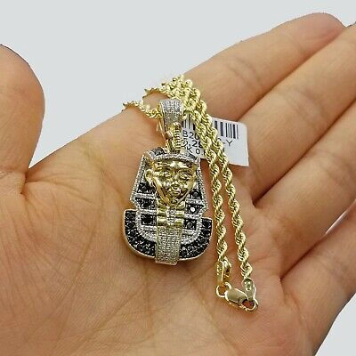 Pre-owned Globalwatches10 10k Yellow Gold Pharaoh Head Pendant Rope Chain 24" Black White Diamond In G-h