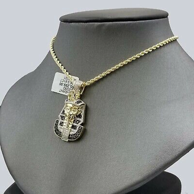 Pre-owned Globalwatches10 10k Yellow Gold Pharaoh Head Pendant Rope Chain 24" Black White Diamond In G-h