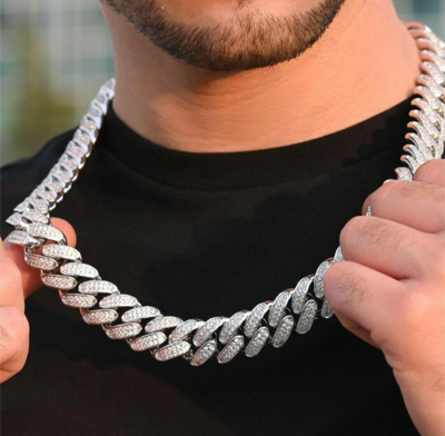 Pre-owned Online0369 Men's 14mm Thick Miami Cuban Link 30" Long Necklace Silver 14k White Gold Plated
