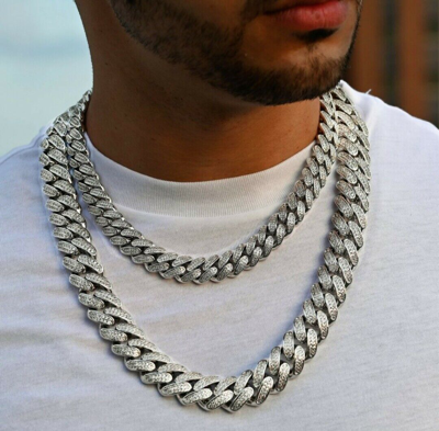 Pre-owned Online0369 Men's 14mm Thick Miami Cuban Link 30" Long Necklace Silver 14k White Gold Plated