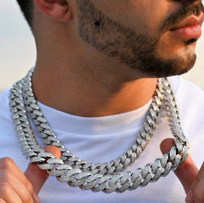 Pre-owned Online0369 Men's 14mm Thick Miami Cuban Link 30" Long Necklace Silver 14k White Gold Plated