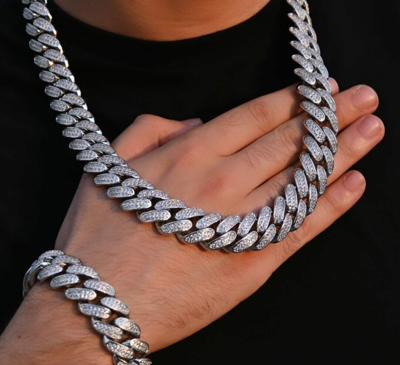 Pre-owned Online0369 Men's 14mm Thick Miami Cuban Link 30" Long Necklace Silver 14k White Gold Plated