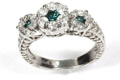 Pre-owned Jewelry By Arsa 1.1 Ctw Natural Blue & White Diamond Solid 14k White Gold 3 Flower Cluster Ring
