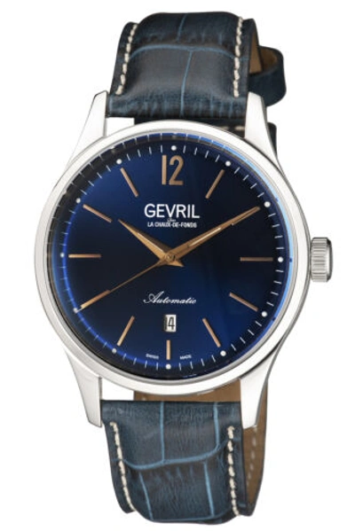 Pre-owned Gevril Men's 4253a Five Points Automatic Blue Leather Date Wristwatch