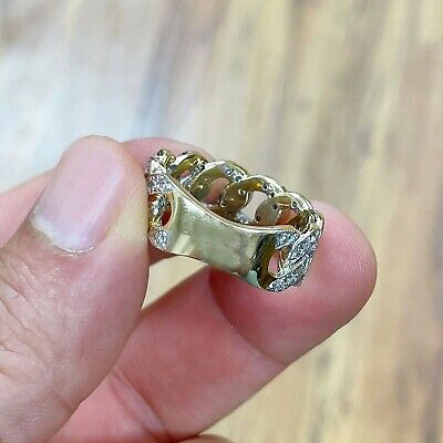 Pre-owned Handmade Men's 14k Solid Yellow Gold Round Cut Natural Diamonds Ring Band Link Chain 1.00 In White