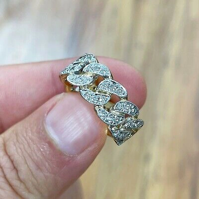 Pre-owned Handmade Men's 14k Solid Yellow Gold Round Cut Natural Diamonds Ring Band Link Chain 1.00 In White