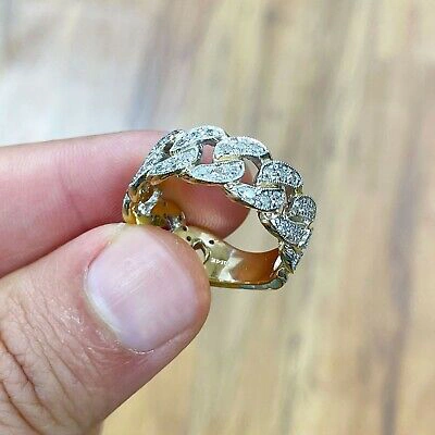 Pre-owned Handmade Men's 14k Solid Yellow Gold Round Cut Natural Diamonds Ring Band Link Chain 1.00 In White