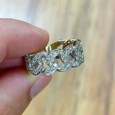 Pre-owned Handmade Men's 14k Solid Yellow Gold Round Cut Natural Diamonds Ring Band Link Chain 1.00 In White
