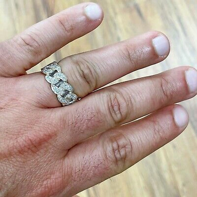 Pre-owned Handmade Men's 14k Solid Yellow Gold Round Cut Natural Diamonds Ring Band Link Chain 1.00 In White