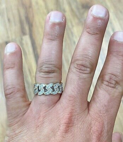 Pre-owned Handmade Men's 14k Solid Yellow Gold Round Cut Natural Diamonds Ring Band Link Chain 1.00 In White