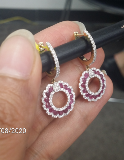 Pre-owned Halo Deal 1.90 Ctw: Treated Ruby & Natural Diamond Dangling Earrings 14 K In G