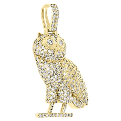 Pre-owned Jfl Diamonds & Timepieces 10k Yellow Gold Round Diamond Owl Bird Statement Pendant 1.65" Charm 2.55 Ct. In White