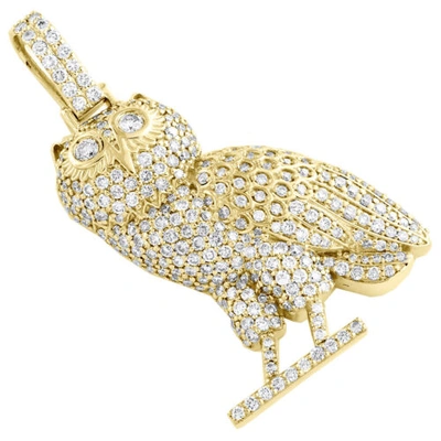 Pre-owned Jfl Diamonds & Timepieces 10k Yellow Gold Round Diamond Owl Bird Statement Pendant 1.65" Charm 2.55 Ct. In White